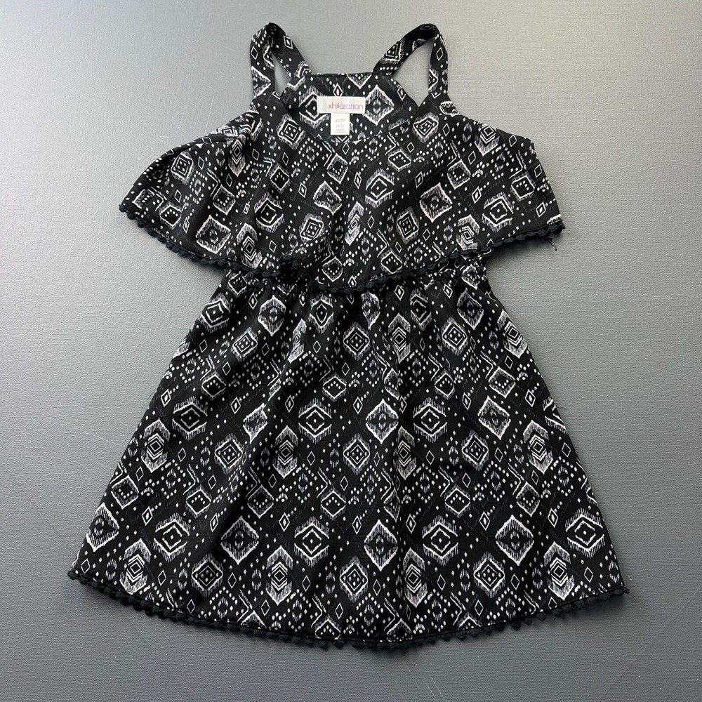Xhilaration Girls XS4-5 Black White Boho Tribal Print Ruffle Sundress Dress Mini